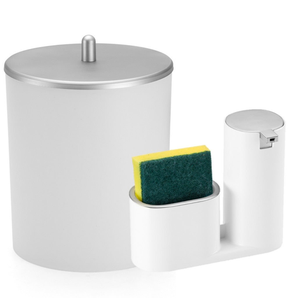 Conjunto Veroluxo dispenser de detergente e lixeira 5 litros na cor branco com prata.