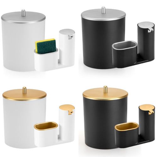Conjunto Veroluxo de dispenser e lixeira 5 litros exibido nas quatro cores disponíveis: branco com prata, preto com prata, branco com dourado e preto com dourado.