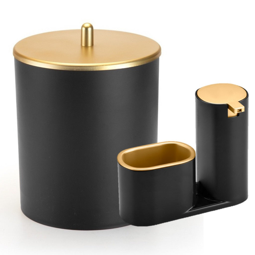 Conjunto Veroluxo dispenser de detergente e lixeira 5 litros na cor preto com dourado.