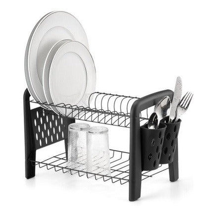 Escorredor de louça preto com porta-talheres e suporte para pratos e copos.