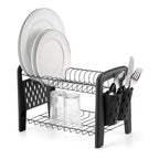 Escorredor de louça preto com porta-talheres e suporte para pratos e copos.