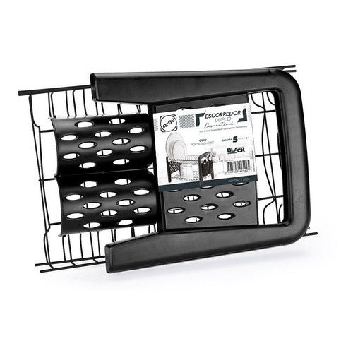 Escorredor de louça preto desmontado com porta-talheres e acessórios.
